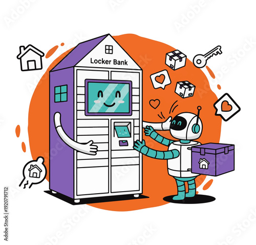Friendly robot delivering packages with modern locker bank machine