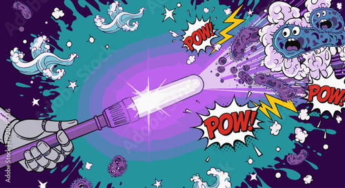 Glowing light therapy destroying bacteria with explosion effect