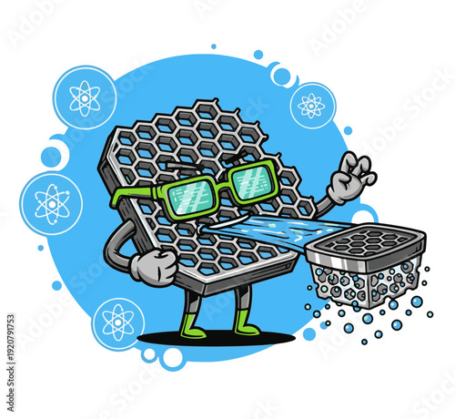 Cartoon robot with honeycomb structure wearing green 3D glasses
