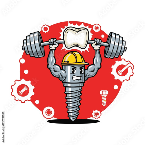 Strong screw character lifting tooth with dumbbells in modern industrial setting
