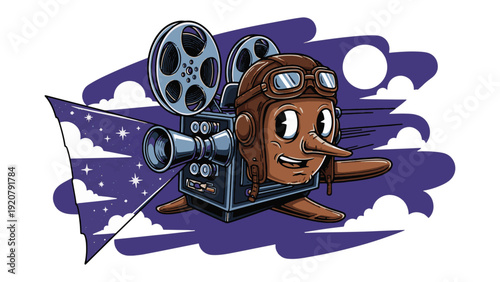 Vintage film camera with smiling face wearing aviator goggles in flight