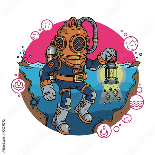 Vintage deep sea diver exploring underwater treasure with lantern