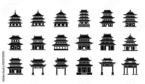 Collection of various traditional chinese architecture and gate silhouettes