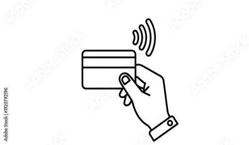 A hand holding a credit card with a wireless signal icon above it, symbolizing contactless payment technology