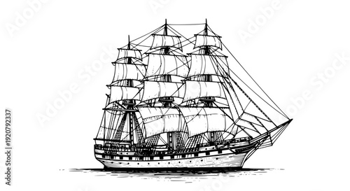 Majestic yacht sailing ship with large sails, cruising on the ocean waves, drawn in an engraved, woodcut style sketch engraving vector illustration. Scratch board. Transparent background SVG version.