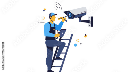 Technician Installing Security Camera on Ladder.