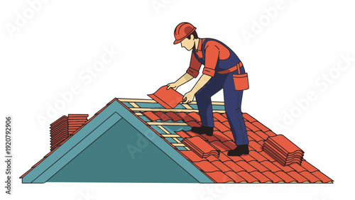 Roofer Installing Tiles on Roof Structure.