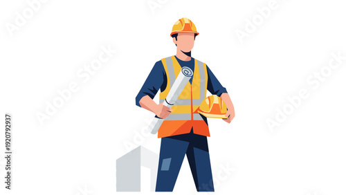 Tablou pe pânză Construction Worker Wearing Safety Vest and Hardhat.