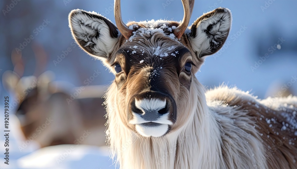 Obraz premium Reindeer face in snow. Antlers, winter scene, and blurred background