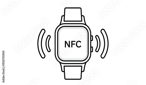 A black line drawing of a smartwatch with nfc and wireless signal icon
