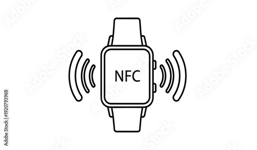 A smartwatch with nfc technology on its screen surrounded by wireless signal waves