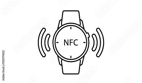 A black line drawing of a smartwatch with nfc and wireless signal icon for technology and communication concept