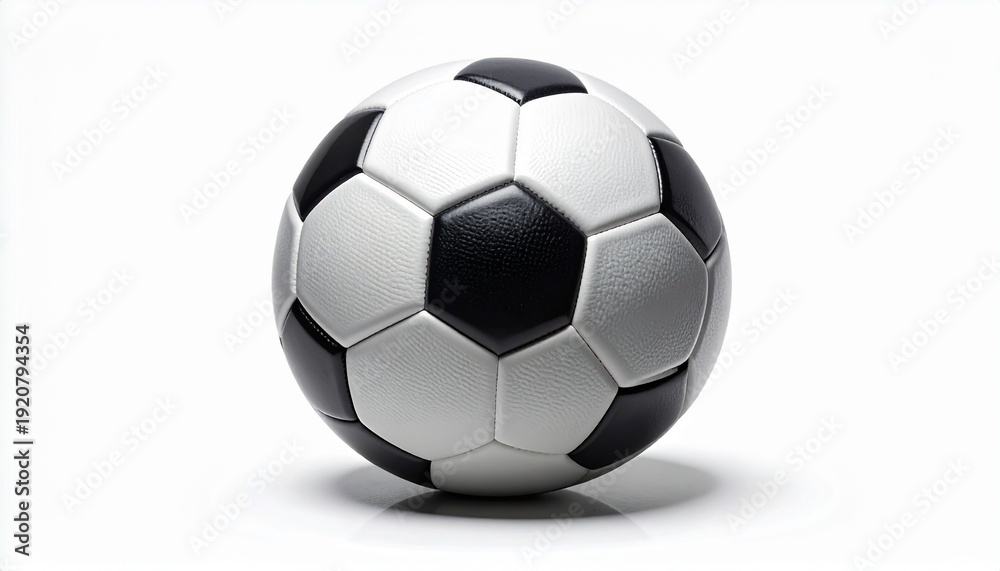 Naklejka premium Classic black and white soccer ball, a traditional leather football for sports, games, and championships. Professional sport equipment isolated on a clean white background with a soft reflection.