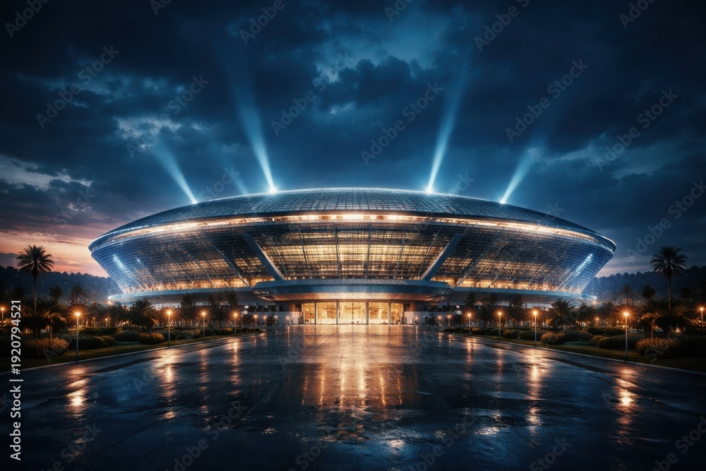 Obraz premium Modern sports stadium illuminated at night with dramatic lighting and reflections on wet pavement, surrounded by palm trees and landscaped grounds