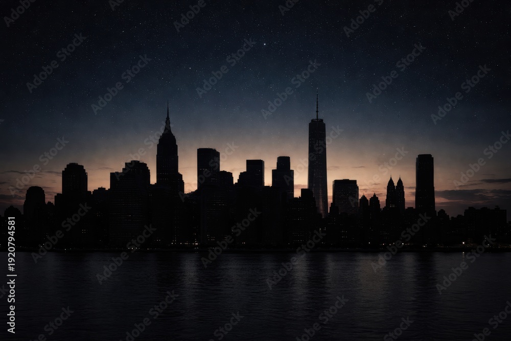 Fototapeta premium Silhouette of New York City skyline at dusk with prominent skyscrapers and the Hudson River reflecting the fading light in the background