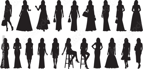 Black silhouette set of elegant women in fashion dresses, evening gowns, and stylish poses, isolated on white for professional design.