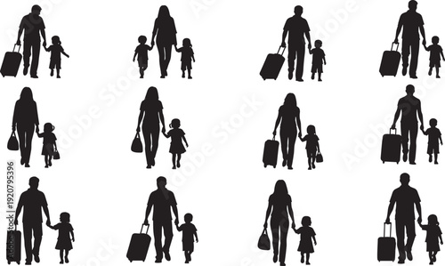 Black silhouette set of families traveling with luggage, parents walking with children holding hands and carrying suitcases, isolated on white.