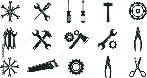 Black silhouette set of industrial hand tools, wrenches, screwdrivers, gears, hammers, and saws, isolated on a white background for hardware design.