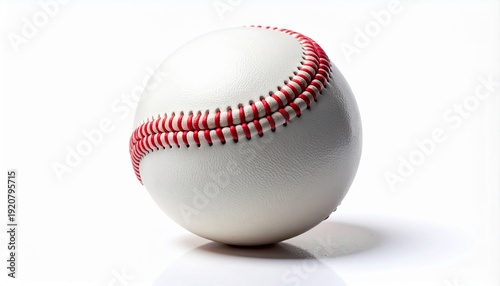 Classic white leather baseball with red stitching, sports equipment for a game or practice. Professional quality hardball isolated on a white background with a subtle shadow and reflection detail.