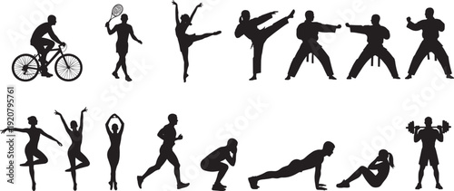 Black silhouette set of people exercising, cycling, running, practicing karate, weightlifting, dancing, and doing yoga, isolated on a white background.