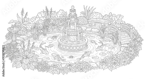 Detailed fountain and pond with koi fish in garden landscape illustration