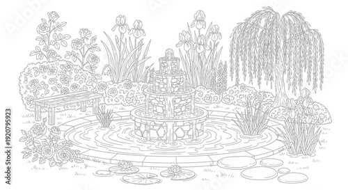 Elegant fountain and garden illustration decorative elements floral design
