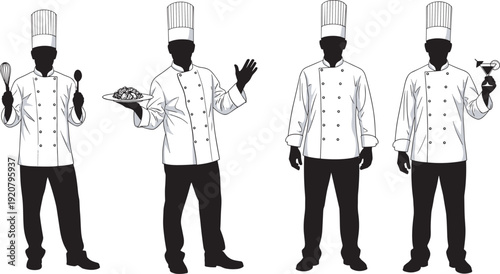 Black silhouette set of professional chefs wearing uniforms and hats, holding whisks, plates of food, and cocktails, isolated on white.
