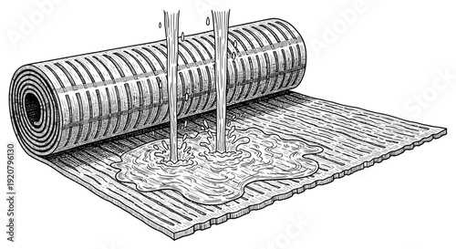 Ink pouring on roll of paper drawing monochrome illustration