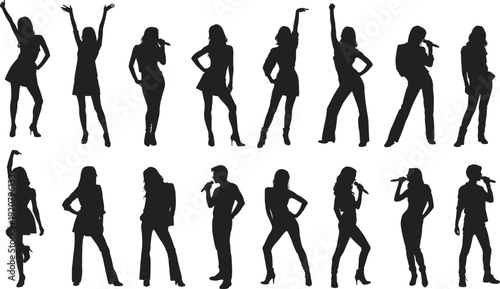 Black silhouette set of professional male and female singers performing on stage with microphones, isolated on a clean white background.