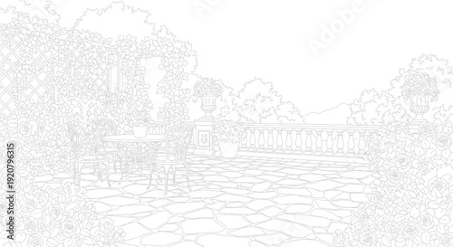 Outlined garden scene with patio furniture and floral arrangements illustration