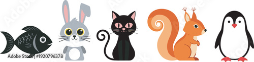 Cute cartoon animal icons set, fish bunny cat squirrel penguin, colorful kawaii style characters, pet wildlife illustration collection for kids design projects