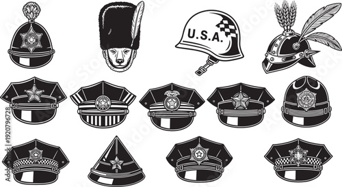 Uniform Hat Icon Set with Police Officer Caps, Military Helmets, Sheriff Headwear, Vintage Army Gear, Security Guard Apparel, and Official Service Icons