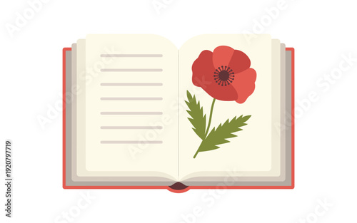 A vibrant red poppy flower illustration on an open book with lined pages and a red bookmark