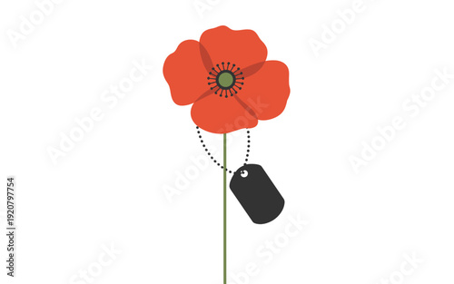 A minimalist vector graphic illustration of a red poppy flower with a black dog tag on a chain, symbolizing remembrance and respect.