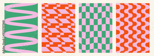 Groovy retro Y2K background set. Distorted checkerboard and wavy lines, wave, swirl, twirl  psychedelic patterns in 60s 70s hippie aesthetic.