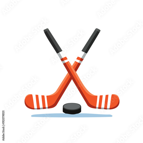 Crossed hockey sticks and puck on ice rink, hockey equipment illustration from overhead viewpoint