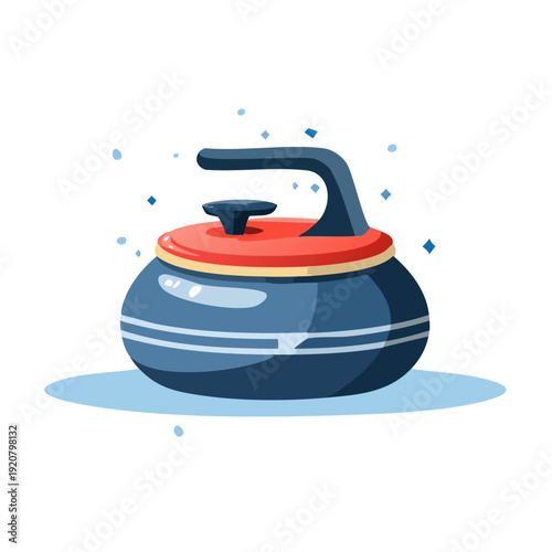 Curling stone sliding on ice with red lid and blue body in winter sports competition