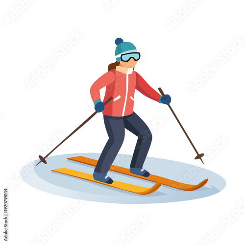 Woman skiing down a snowy slope with skis and poles in winter sports action