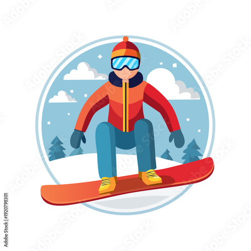 Snowboarder in action on a snowy mountain slope illustration