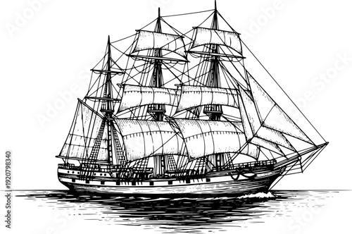 Majestic yacht sailing ship with large sails, cruising on the ocean waves, drawn in an engraved, woodcut style sketch engraving vector illustration. Scratch board. Transparent background EPS version.