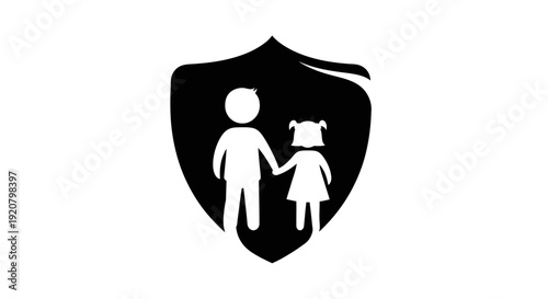 Black shield with child protection symbol.