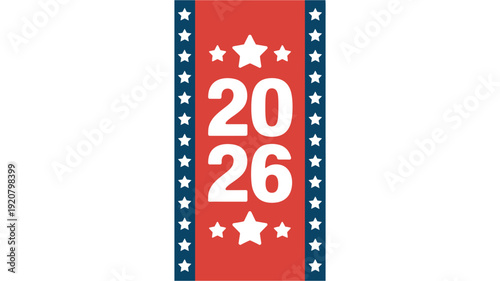 A red and blue vector graphic illustration of a 2026 banner with white stars