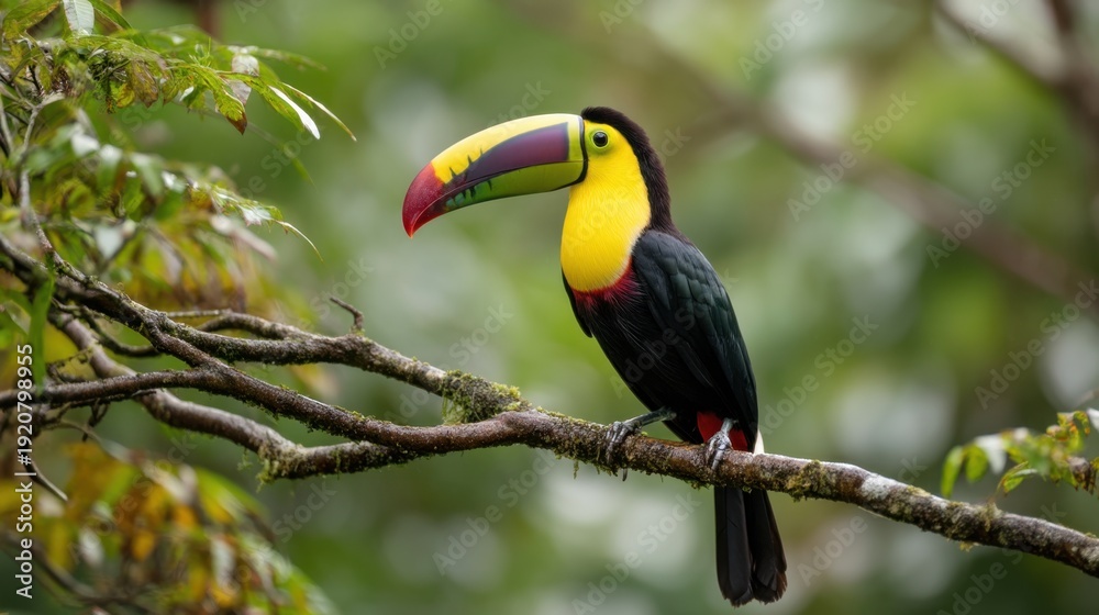 Fototapeta premium A toucan with a large colorful beak is perched on a tree branch. The background shows green leaves and blurred forest scenery indicating a tropical location.