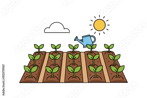 Flat design garden with young seedlings and watering can under the sun