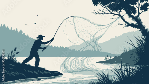 Silhouette of fisherman with net at dawn over tranquil lake, misty mountains in background