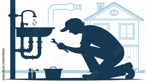 Silhouette of a plumber wearing a cap working on pipes and a sink with tools, in front of a stylized house exterior.