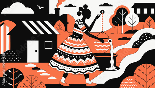 Vibrant illustration of a woman in a patterned dress fetching water from a stream using a bucket and rope, with abstract houses and trees.