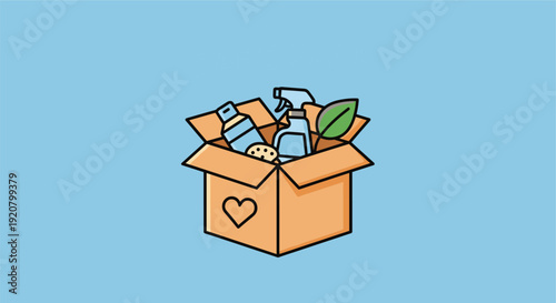 Eco-friendly cleaning products in heart-decorated box on blue background