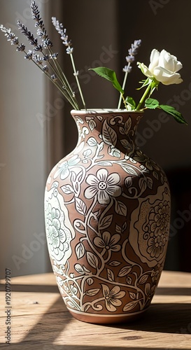 Beautifully decorated vase with white rose and lavender flowers on wooden table indoors