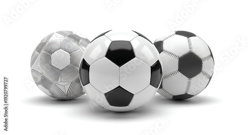 Three soccer balls with different patterns on white background sports equipment football soccer balls